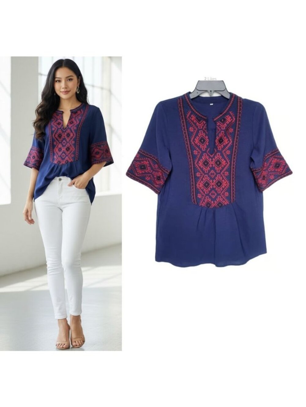 ⭐Womens Navy Blue Embroidered Tunic Top Sz S Beach Boho Red Geometric Pattern